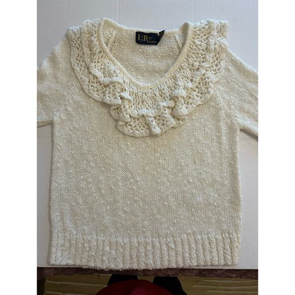 Vtg 80s LeRoy knitwear Ivory Sweater Sz Small Ruffle Crochet Cottagecore Frilly - Picture 4 of 13